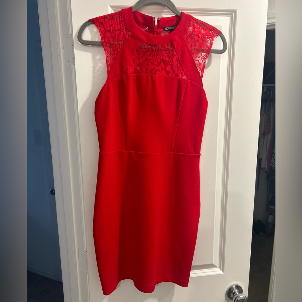 Gorgeous, Express Red Cocktail dress with lace panels, size 8